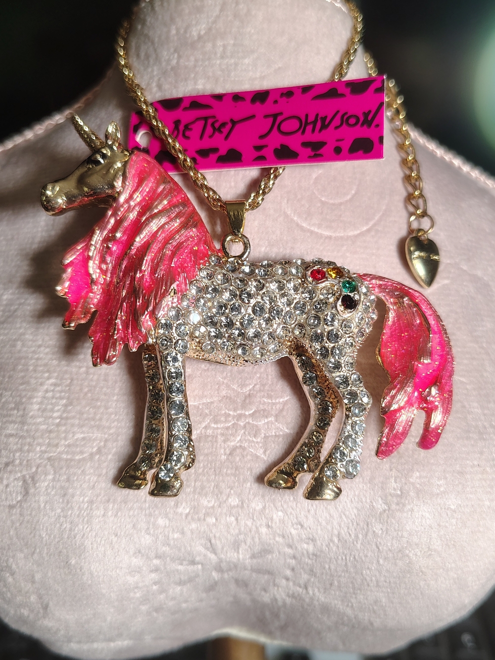 Betsey Johnson Gold-Tone Unicorn Necklace with Pink Enamel & Clear Crystals